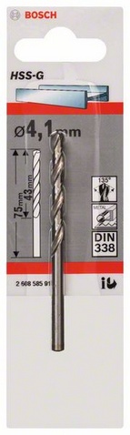 Průměr (D) 4,1 mm, Pracovní délka (L1) 43 mm, Celková délka (L2) 75 mm 