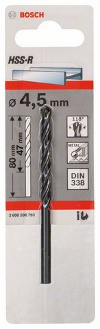 Průměr (D) 4,5 mm, Pracovní délka (L1) 47 mm, Celková délka (L2) 80 mm 