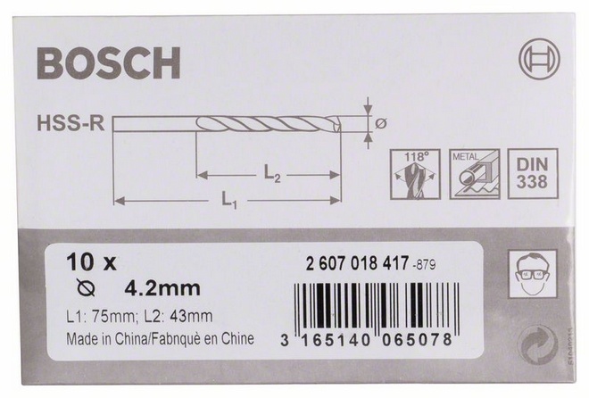Průměr (D) 4,2 mm, Pracovní délka (L1) 43 mm, Celková délka (L2) 75 mm 