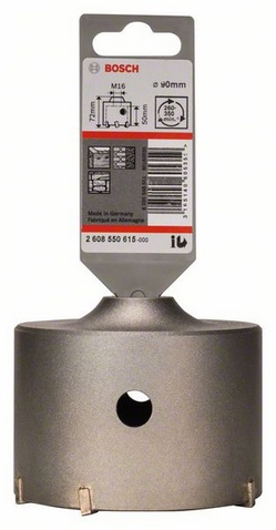 průměr 90 mm, hloubka vrtací korunky (L1) 50 mm, pracovní délka (L2) 72 mm, řezání, počet zubů 6 
