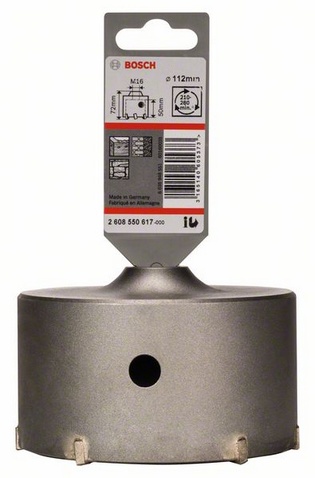 průměr 112 mm, hloubka vrtací korunky (L1) 50 mm, pracovní délka (L2) 72 mm, řezání, počet zubů 6 