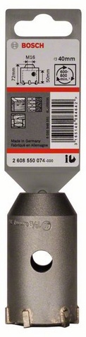 průměr 40 mm, hloubka vrtací korunky (L1) 50 mm, pracovní délka (L2) 72 mm, řezání, počet zubů 6 
