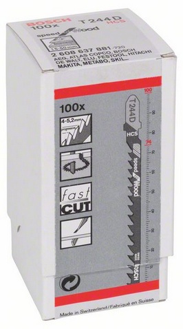 celková délka 100 mm, rozteč zubů 4 - 5,2 mm, oblasti použití: Měkké dřevo (5-50 mm), překližky, dřevotřískové desky, laťovky, dřevovláknité desky, speciálně pro řez v křivkách