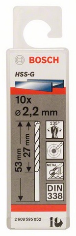 Průměr (D) 2,2 mm, Pracovní délka (L1) 27 mm, Celková délka (L2) 53 mm 