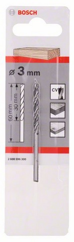 Průměr (D) 3 mm, Pracovní délka (L1) 33 mm, Celková délka (L2) 61 mm, Průměr stopky (d) 3 mm