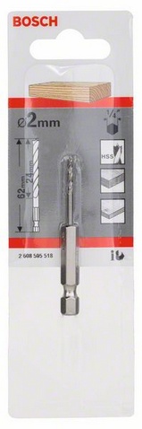 Průměr (D) 2 mm, Pracovní délka (L1) 24 mm, Celková délka (L2) 62 mm