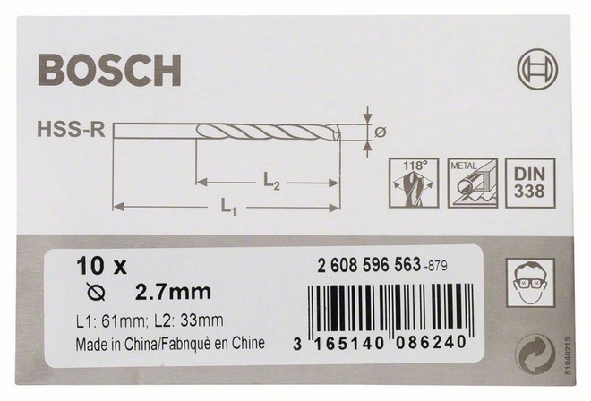 Průměr (D) 2,7 mm, Pracovní délka (L1) 33 mm, Celková délka (L2) 61 mm 