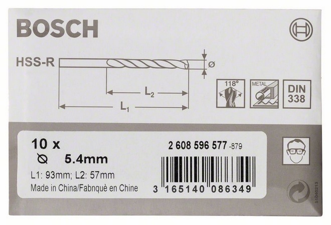 Průměr (D) 5,4 mm, Pracovní délka (L1) 57 mm, Celková délka (L2) 93 mm 