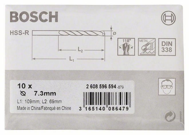 Průměr (D) 7,3 mm, Pracovní délka (L1) 69 mm, Celková délka (L2) 109 mm