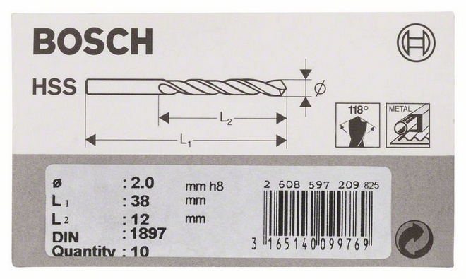 Průměr (D) 2 mm, Pracovní délka (L1) 12 mm, Celková délka (L2) 38 mm