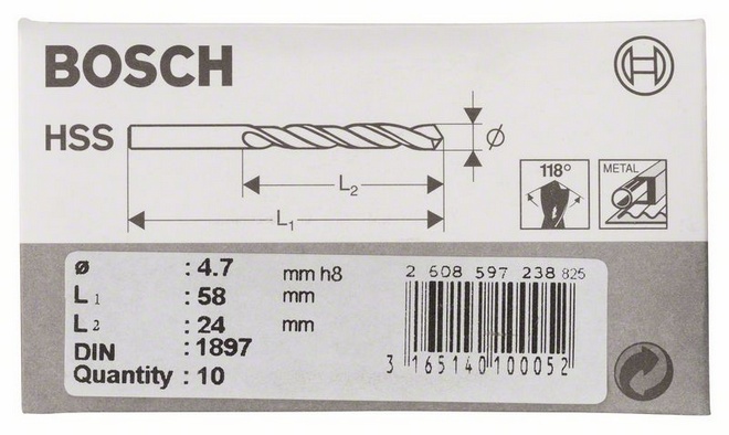 Průměr (D) 4,7 mm, Pracovní délka (L1) 24 mm, Celková délka (L2) 58 mm 
