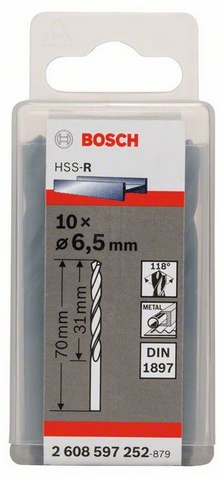 Průměr (D) 6,5 mm, Pracovní délka (L1) 31 mm, Celková délka (L2) 70 mm 