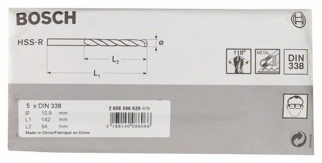 Průměr (D) 10,9 mm, Pracovní délka (L1) 94 mm, Celková délka (L2) 142 mm