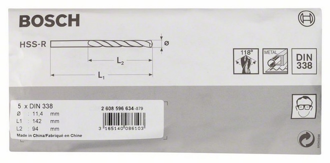 Průměr (D) 11,4 mm, Pracovní délka (L1) 94 mm, Celková délka (L2) 142 mm