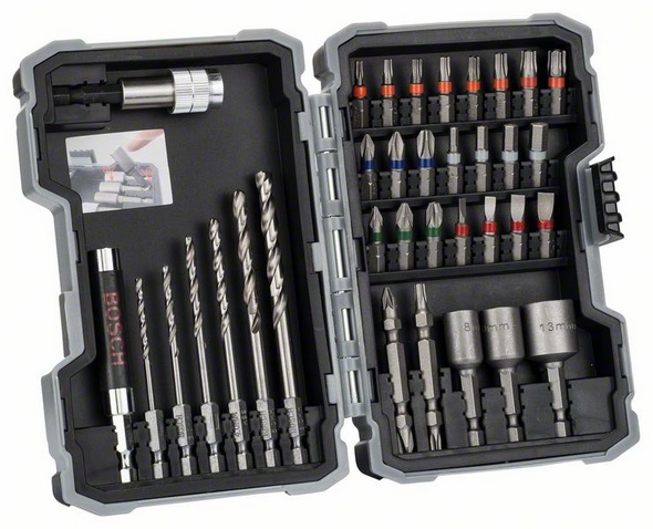Obsah sady: PH1, PH2, PH3, PZ1, PZ2, PZ3, S 3/4/5/6, H3, H4, H5, H6, T10, T15, T20 (2x), T25, T27, T30, T40, Nástrčné klíče 8/10/13 mm HSS-G 2,5/3,0/3,5/4,0/5,0/6,0 mm Oboustranný bit PH2/PZ2 Oboustranný bit Th20/Th25 Délka 25 / 25 / 25 / 25 / 25 / 50 / 70; 74; 83; 88; 99; 105 / 60 / 60 mm